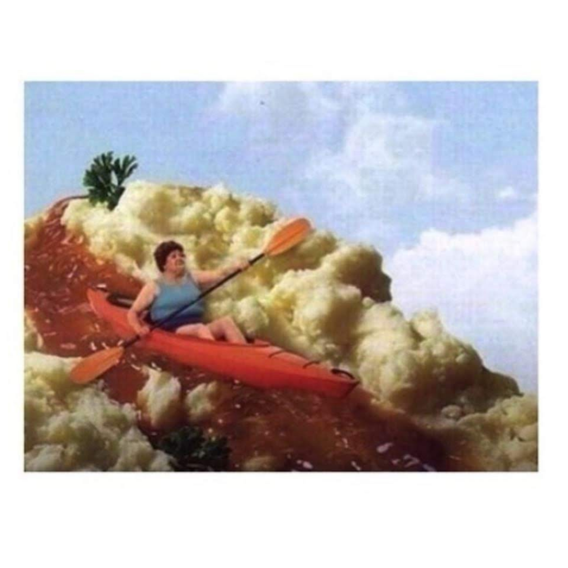 This meme features a person in a kayak, but instead of navigating a calm body of water, they're surrounded by a massive wave of mashed potatoes. The image is captioned "When you finally get the courage to try mashed potatoes again". The meme is humorous because it exaggerates the fear of trying something new, in this case, eating mashed potatoes, and the absurdity of the situation.